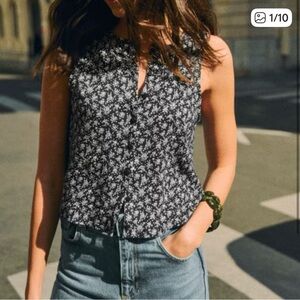 Sezane Loriane Floral Sleeveless Button Cotton Linen Blouse Top in Navy White